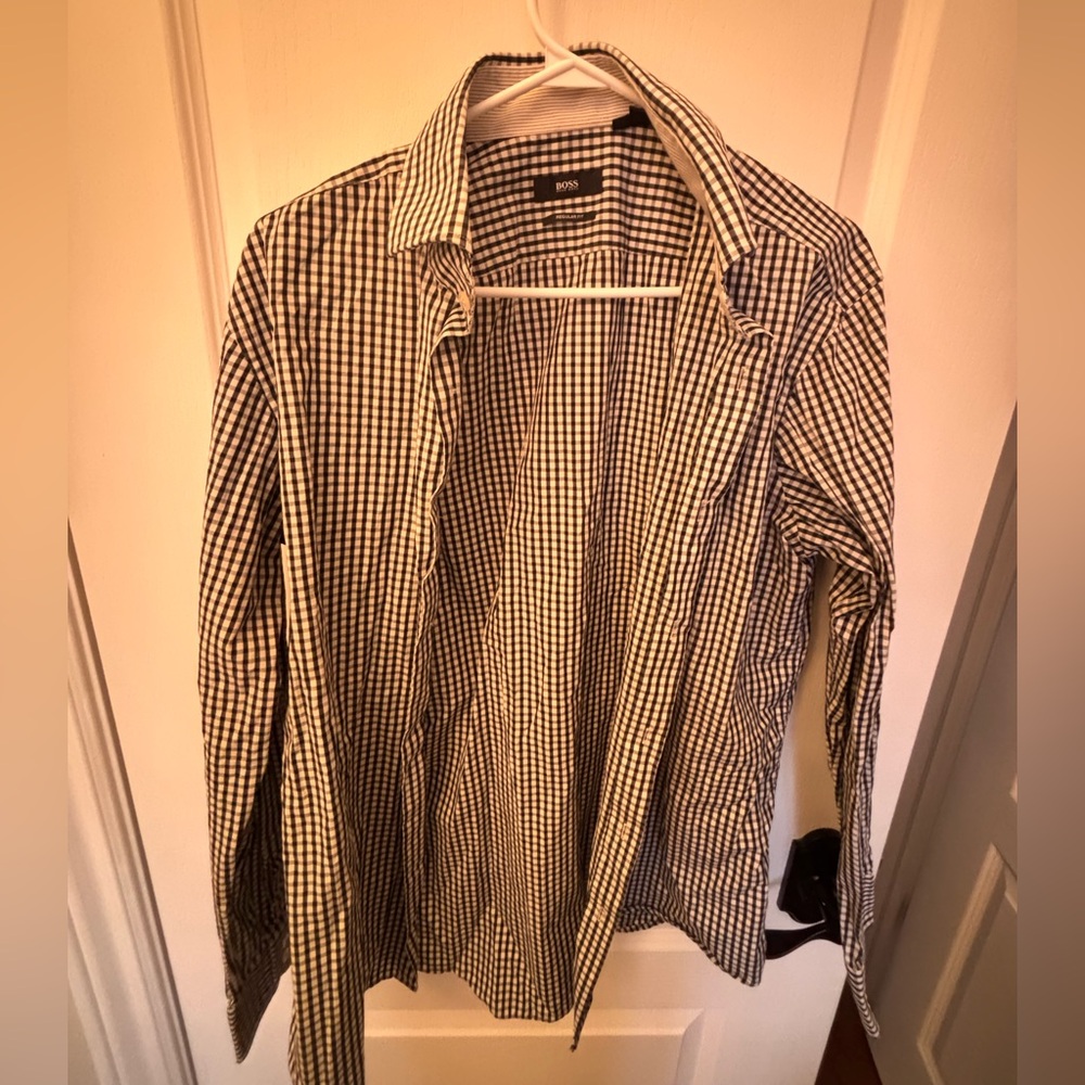 Hugo Boss Men's Black and White Gingham Shirt